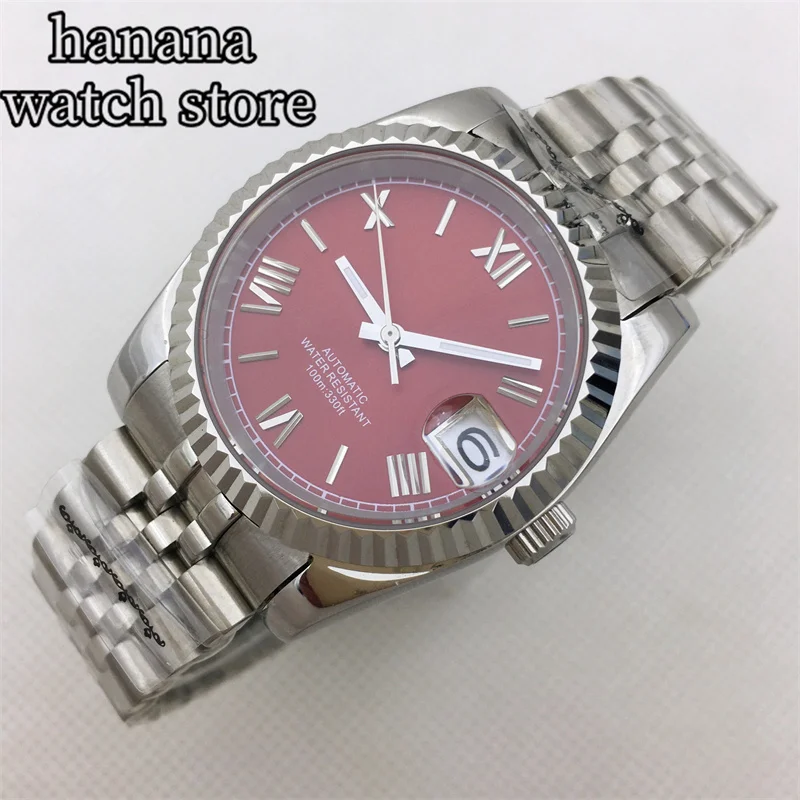 Мужские часы 36 мм/39 мм, красный циферблат, римский цифровой механизм NH35A, автоматические заводные механические часы, сапфировое стекло, окошко даты