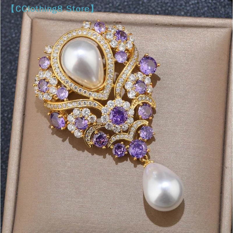 Violet Pearl Pendant Luxurious Rhinestone Inlaid Brooch Charming Jewelry Accessories For Banquet Dresses Gifts【AliS8】