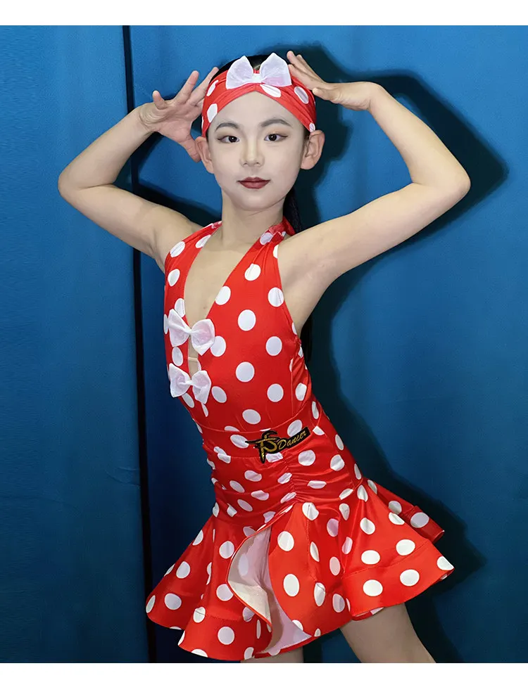 

Girls' stage party Latin dance outfit for children summer new style polka dot high-end training suit for performance Set