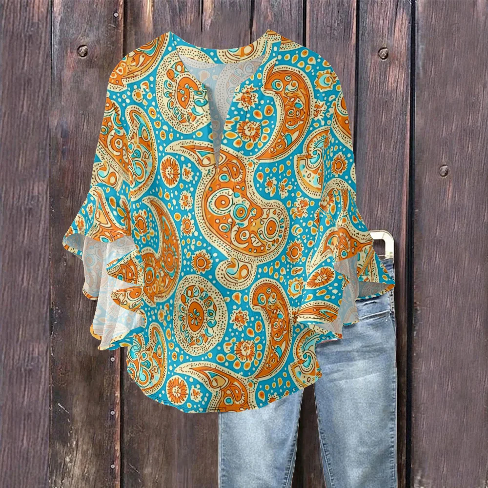 

Women's Bubble Crepe Trendy Boho-Chic Blouse Bohemian Paisley V-Neck Collar Flounce Sleeves Shirt Breathable Casual Outfits