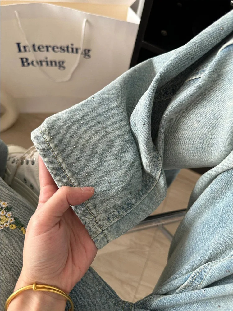 

plus Size American Sle Rhinestone Slim Wide Leg Jeans Women's Spring Summer New Loose Slim Straight Leg Pants