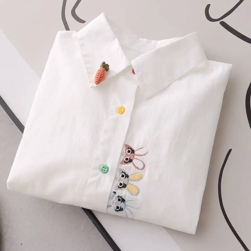 

College style Korean style literary fresh cartoon embroidered rabbit color button white shirt for women long sleeves y2k tops