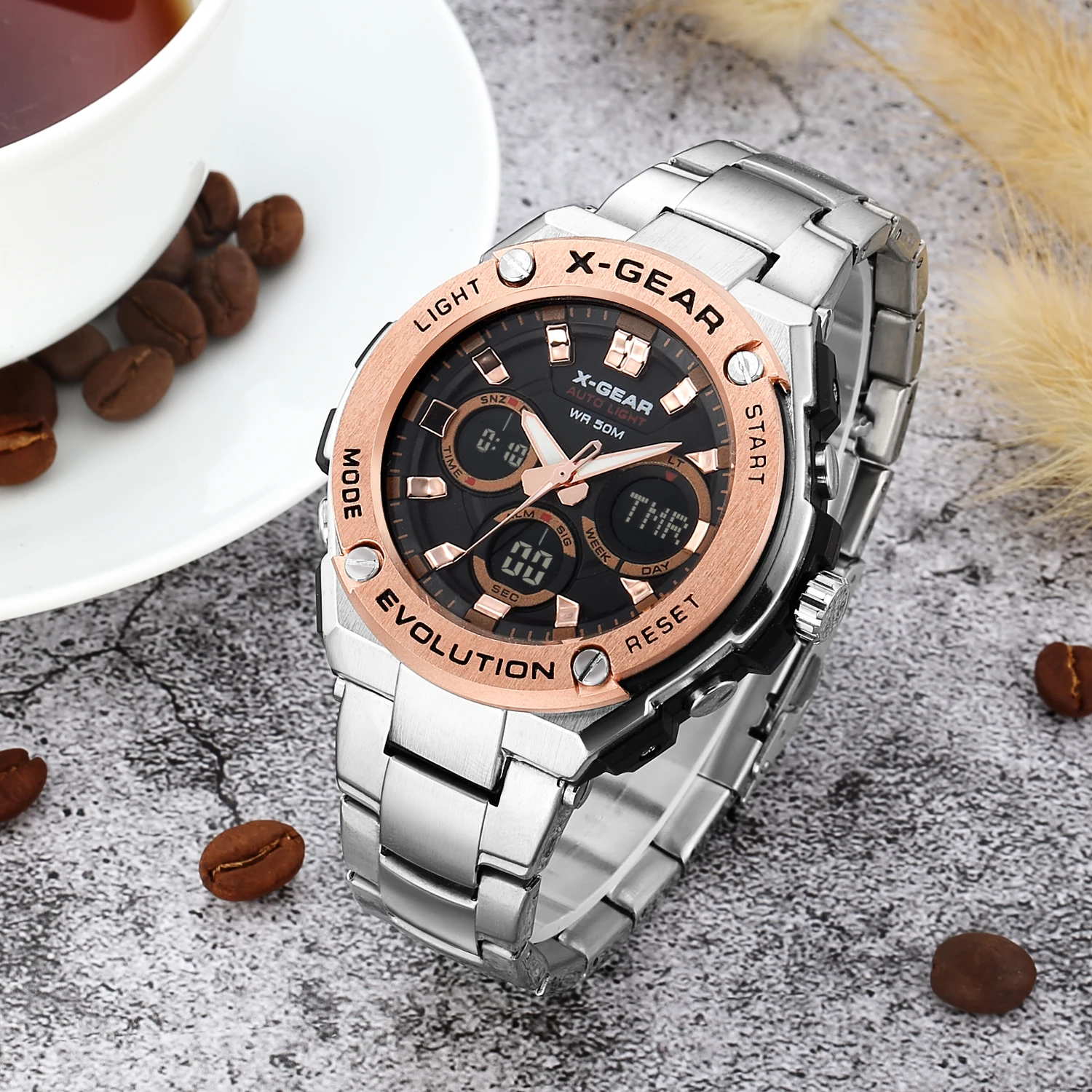 Men's Sport Multifunctional Alarm Wristwatch with Stainless Steel Band Waterproof LED Night Light Stopwatch Calendar