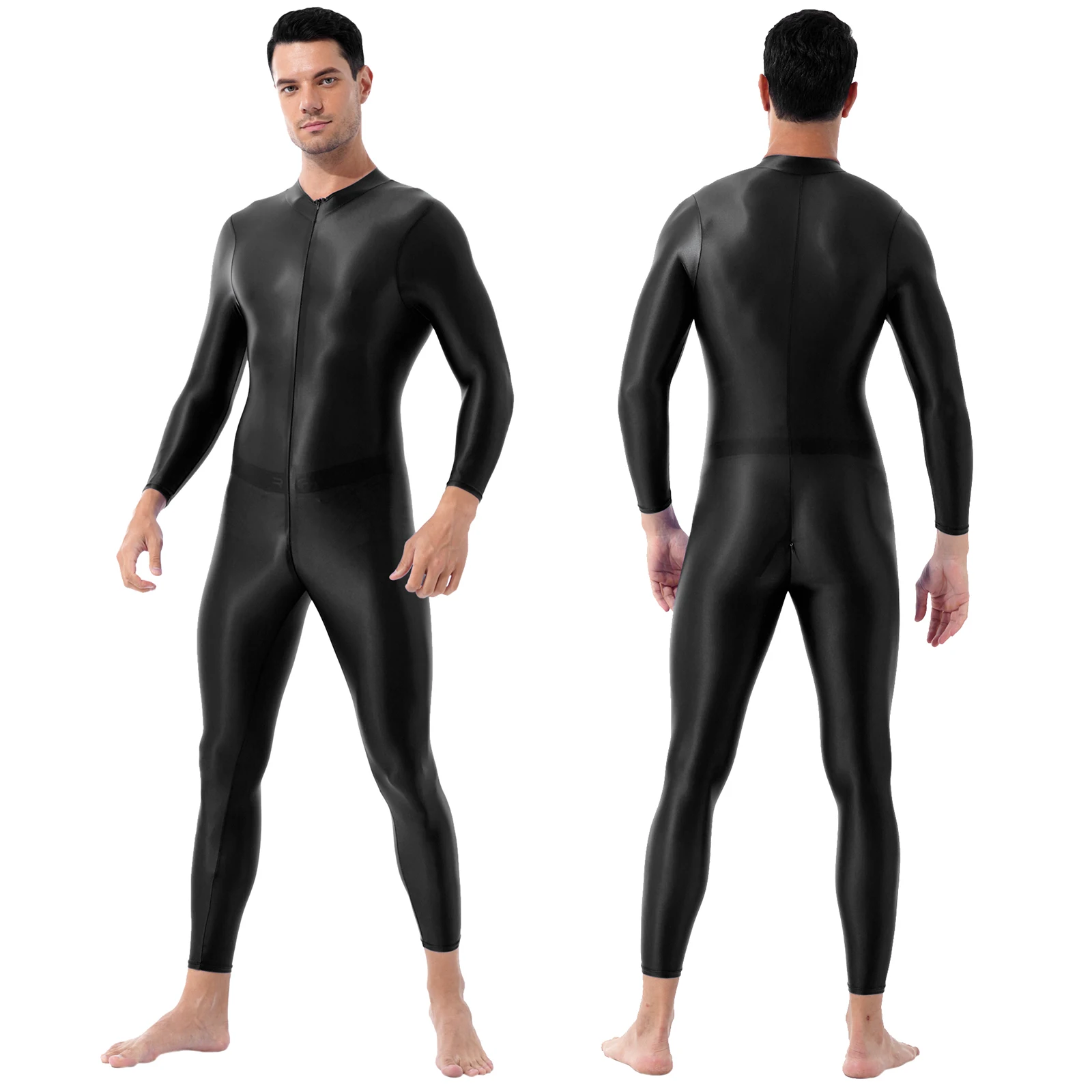 

Mens One-piece Double-ended Zipper Crotch Leotard Bodysuit Shimmery Smooth Lingerie High Neck Long Sleeves Ankle Length Jumpsuit