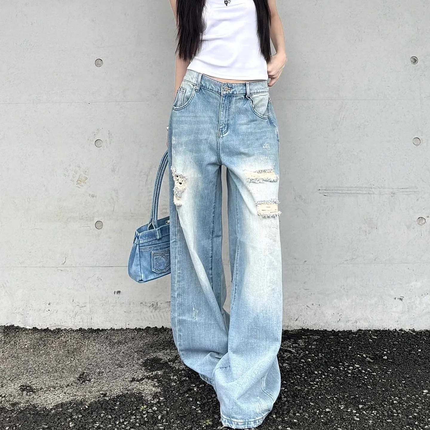 

Рваные женские синие джинсы с высокой талией 2024, американская винтажная уличная одежда, широкие джинсы Y2K, брюки 2000-х годов, мешковатые джинсовые брюки