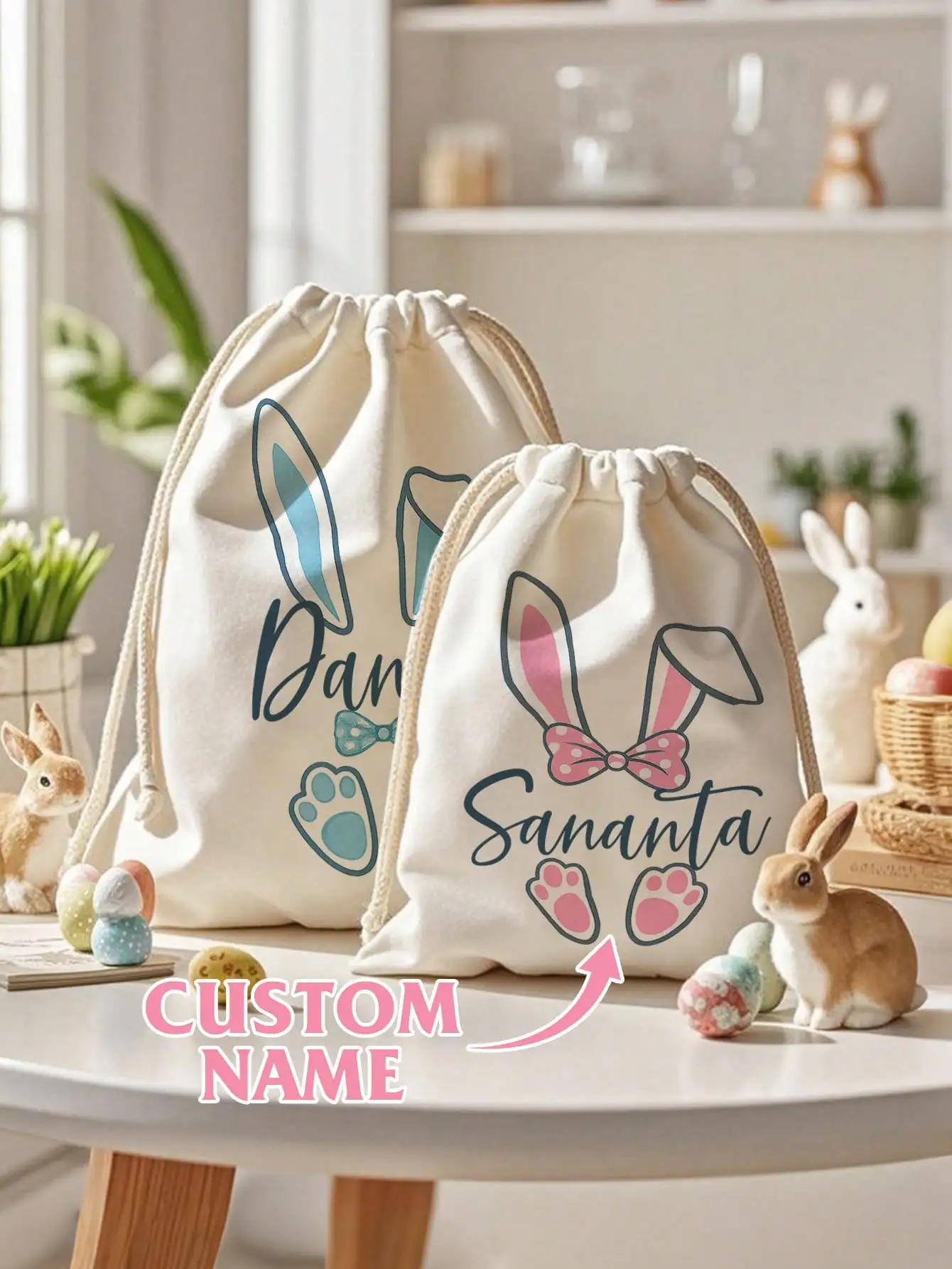 Custom Easter Bag Personalized Kids Bunny Egg Hunt Gift Sack Name Drawstring Bag Party Favor For Boys Girls Spring Holiday Decor