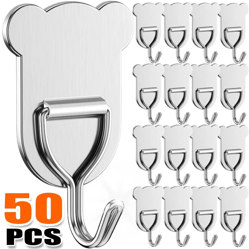 

50/2PCS Strong Stainless Steel Hook Heavy Duty Self-Adhesive Wall Hanger Hooks Bathroom Kitchen Storage Racks for Clothes Towel