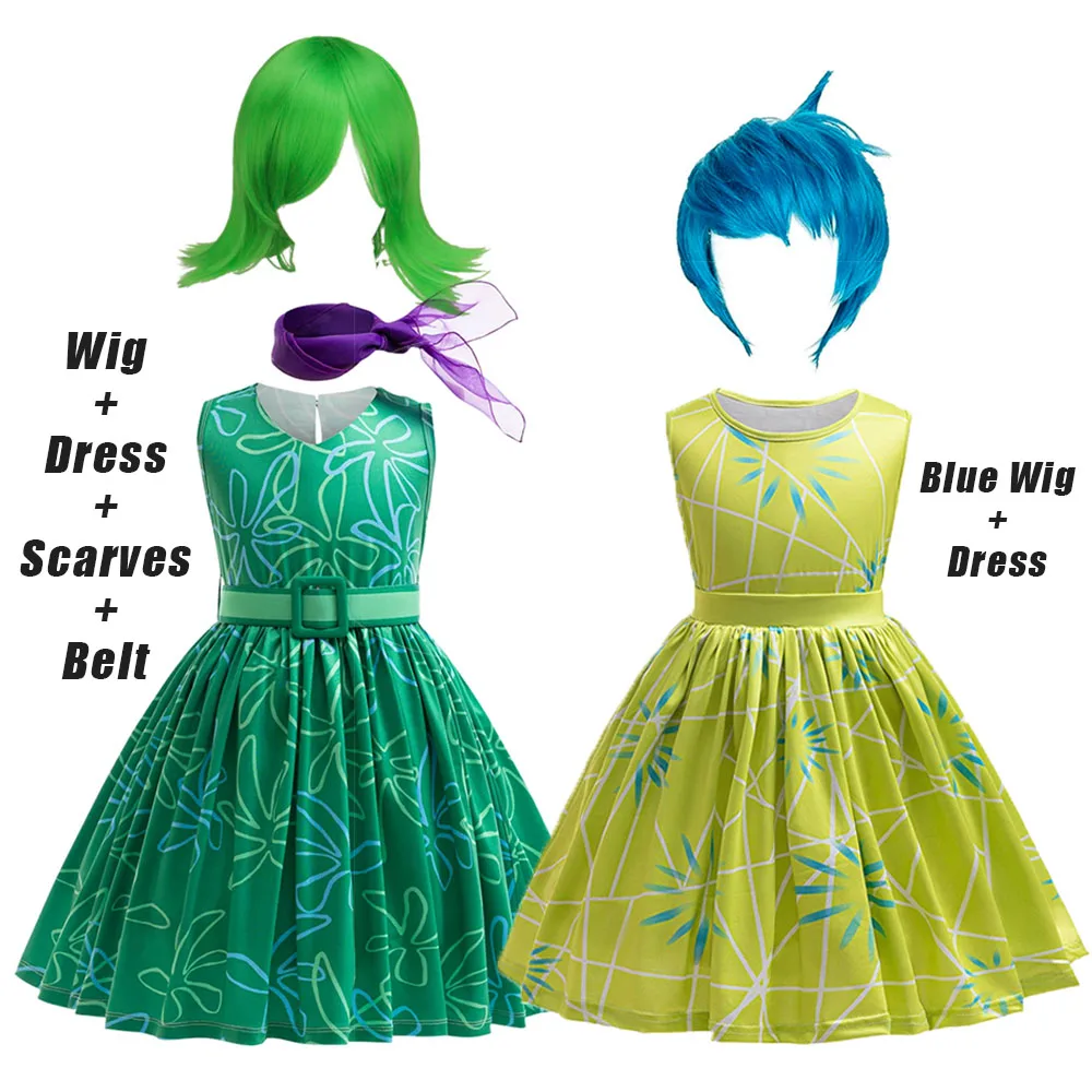 

2PCS Cartoon Flower Princess Dress+Wig Movie Inside Cosplay Out Costume Girls Disgust Joy Dress Halloween Carnival DressUp Party