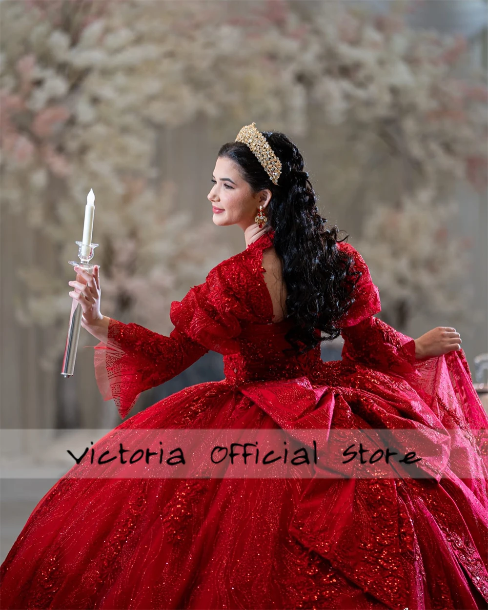 Attractive Red Bow Long Sleeve Lace Applique Corset Quinceanera Dress Ball Gown 18th Debut Mexica vestidoCustomized