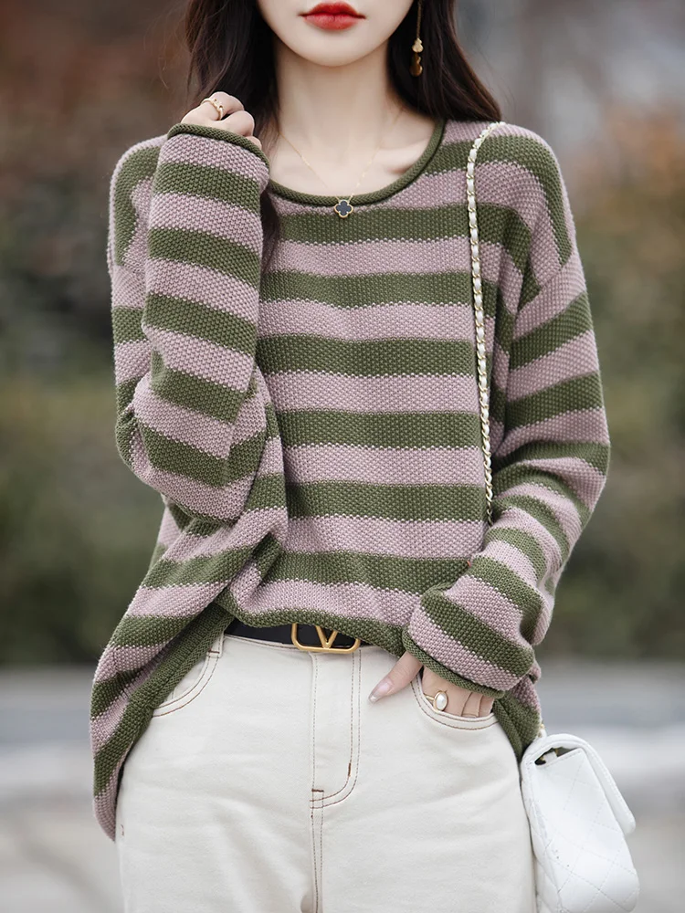 Spring Autumn Cotton Sweaters Women O-neck Curled Edge Striped Female Long Sleeve Tops Korean Fashion Loose Oversized Pullovers