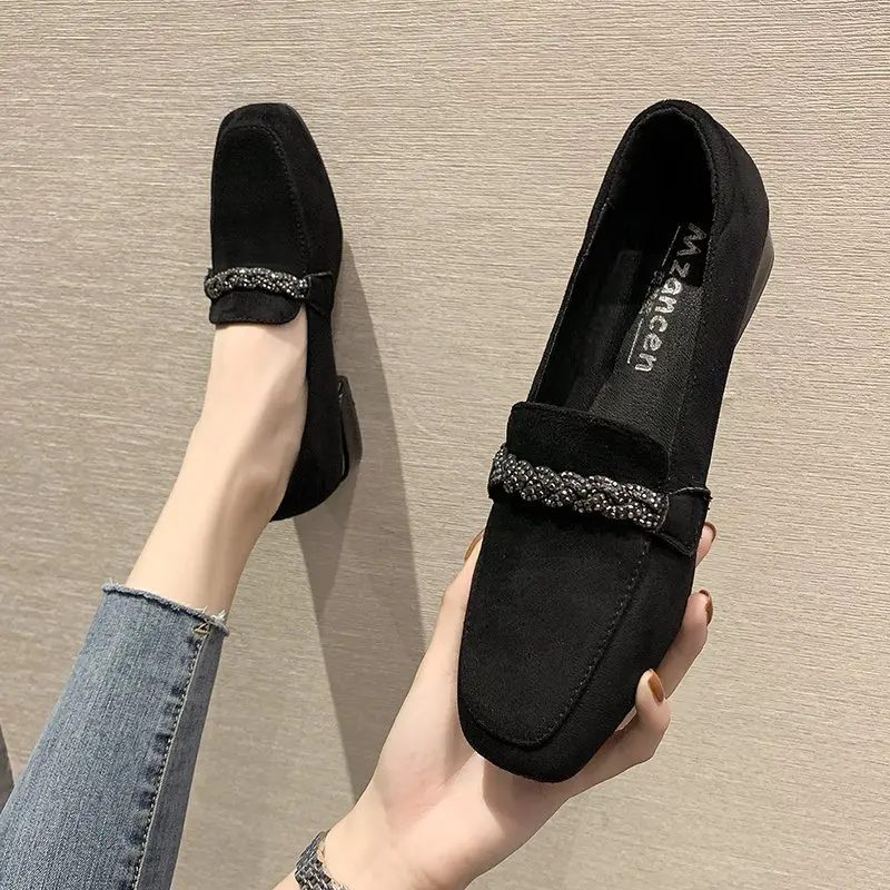 2022 Autumn Winter Women Loafers Low Heels Boat Shoes Square Toe Dress Shoes Chain Faux Suede Plush Warm Ladies Shoes Plus Size