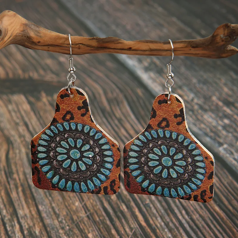 New European, American retro western style leopard print wine bottle shape double-sided pattern leather earrings