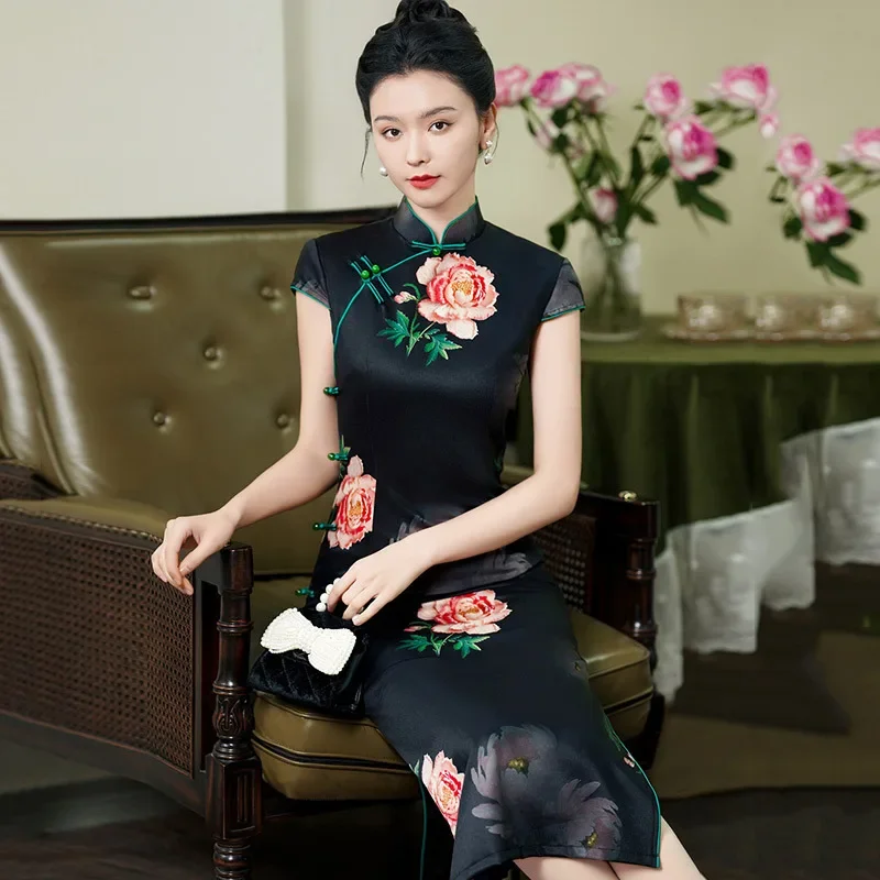 

Black Elegant Women Chinese Tradition Style Cheongsam New Improved Female Mandarin Collar Satin Qipao Short Sleeve Dress