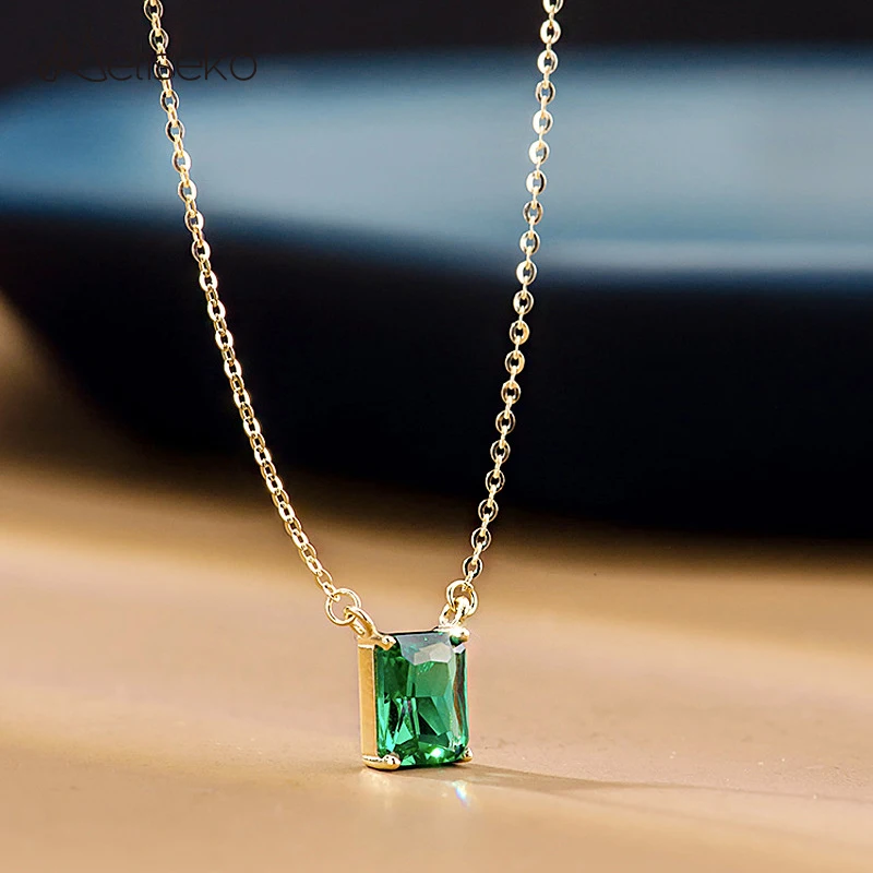 Metiseko 925 Sterling Silver Emerald Color Necklace 14K Yellow Gold Plated Square Cubic Zirconia Pendant Choker for Women Party