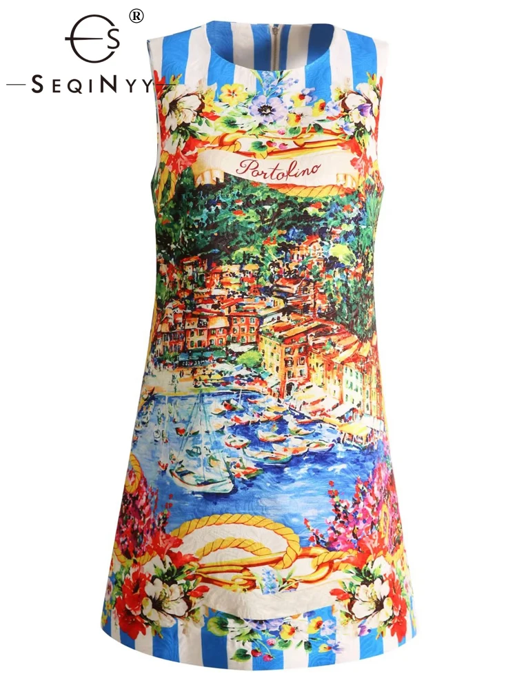 SEQINYY Vest Jacquard Dress High Street Vintage Flower Print Runway Sicily Sleeveless Slim Elegant Female Fashion Casual