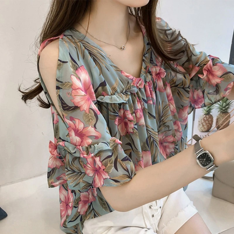 Loose ort Sve Floral Chiffon irt Mujer Sweet Sle V-Ne Tela de mezcla de poliéster de longitud media Verano Faion irt