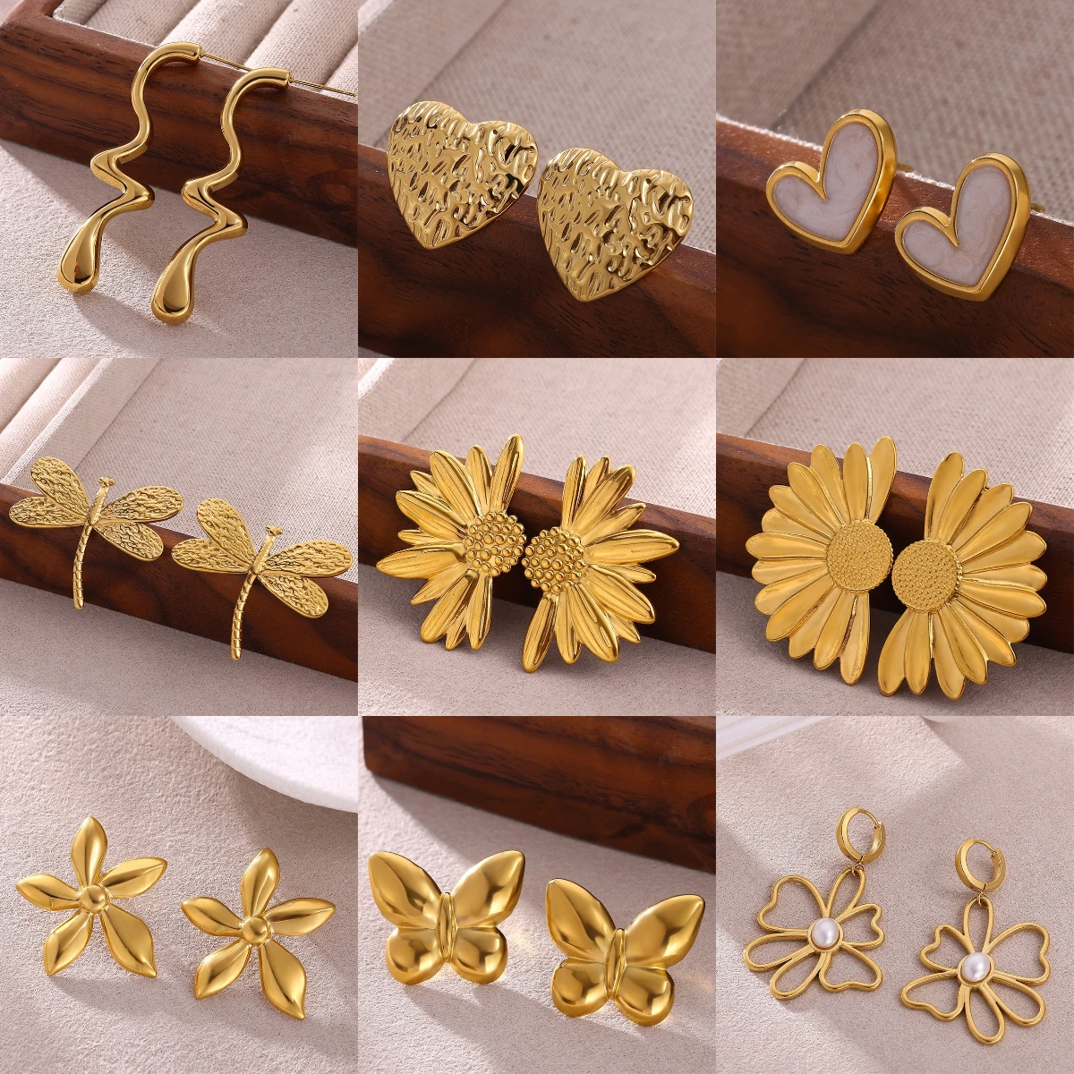 

Women Exaggerated Gold Color Daisy Flower Hanging Earrings Stainless Steel Geometry Irregular Ear Piercing Jewelry Christmas