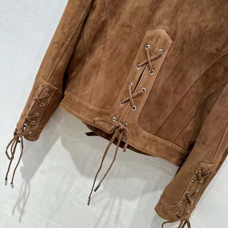 High Quality Genuine Leather Jacket Turn-Down Collar New Fashion 2024 Women Coat Spring Sheepskin Suede Short Length