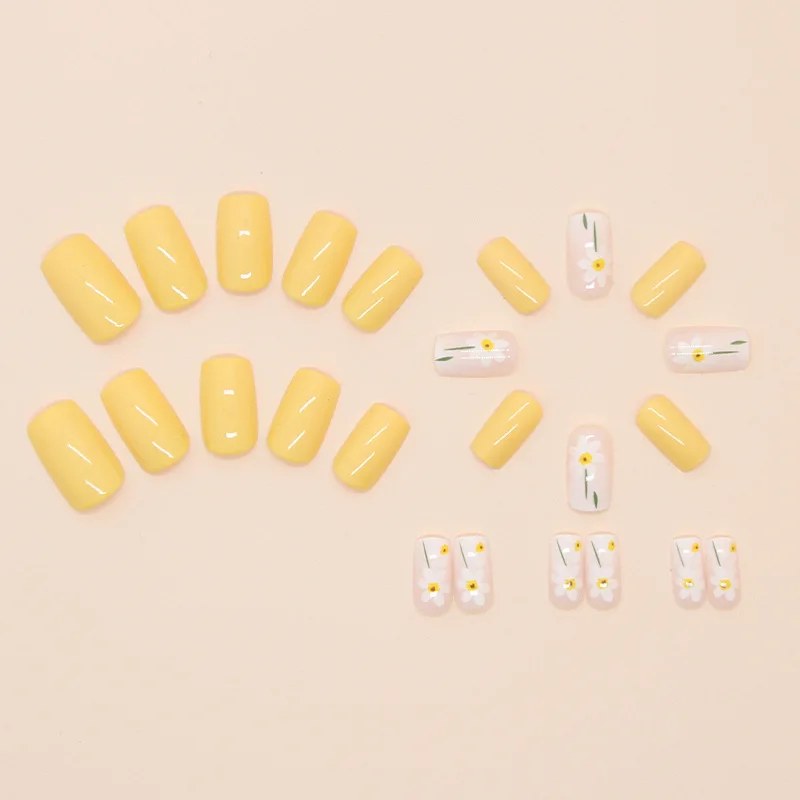 24 pieces of medium to long square shaped minimalist yellow flower shaped nail art pieces with a fresh and fresh style, includin