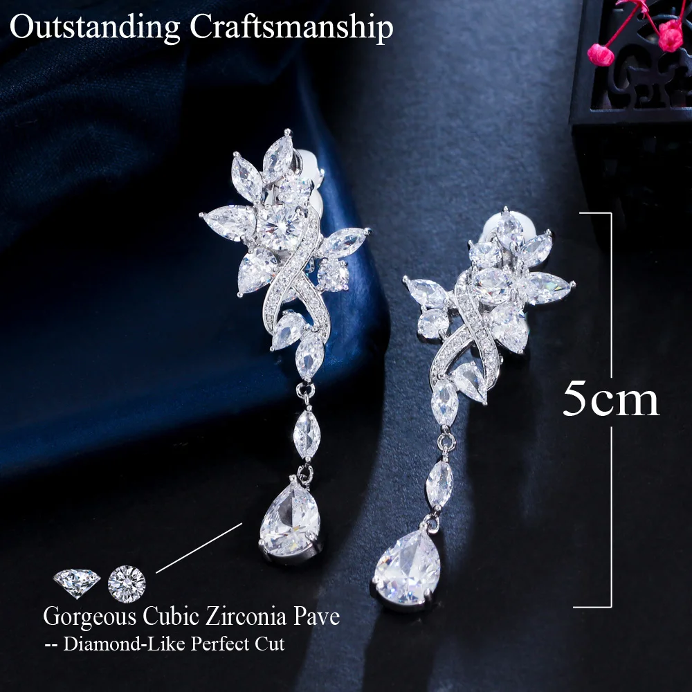 CWWZircons No Ear Hole Style Cubic Zircon Flower Drop Women Wedding Bridal Party Long Clip on Earrings without Piercing CZ274