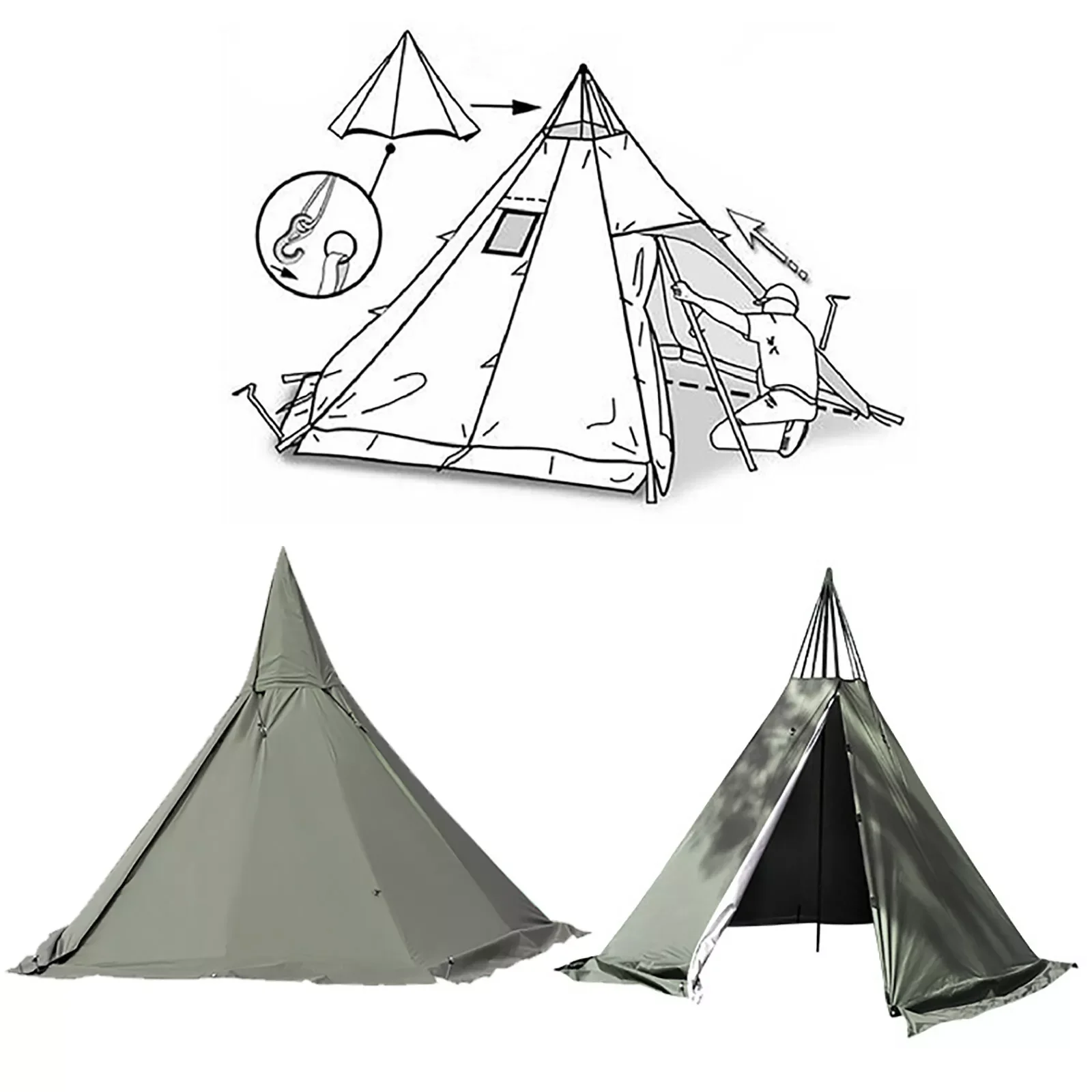 Tenda da campeggio all'aperto, tenda per tipi, tenda impermeabile per escursioni a 4 stagioni e 2 ante, tenda verde da esterno traspirante