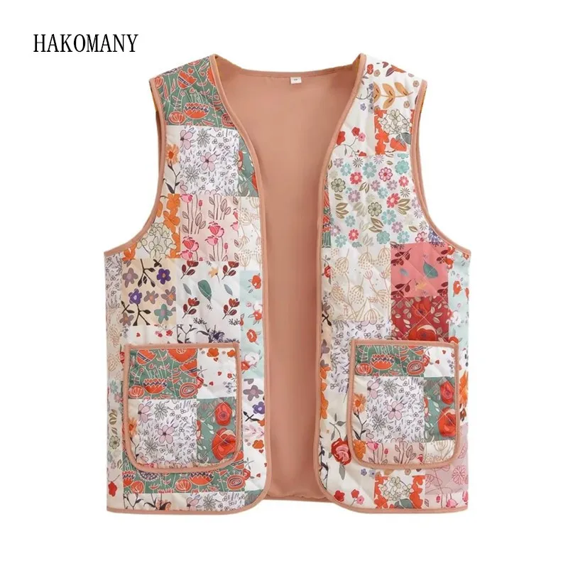 2023 Women Chinese Pink Flower Print Quilted Vest Sleeveless Coat V neck Binding Waistcoat Front Pocket Vintage Outerwear