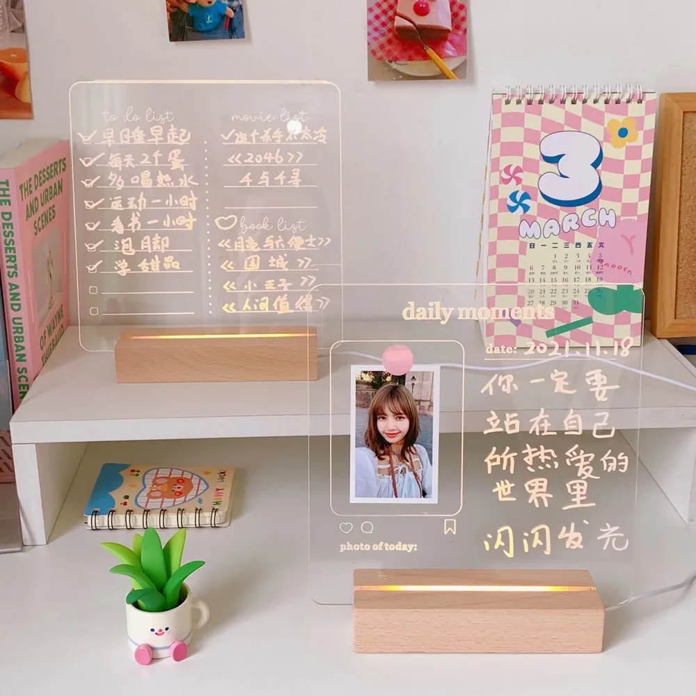 2023 New Acrylic Daily Moments Photo Memo Erasable Message Board with Wood Stand Holder Set Creative Night Light Desk Home Decor