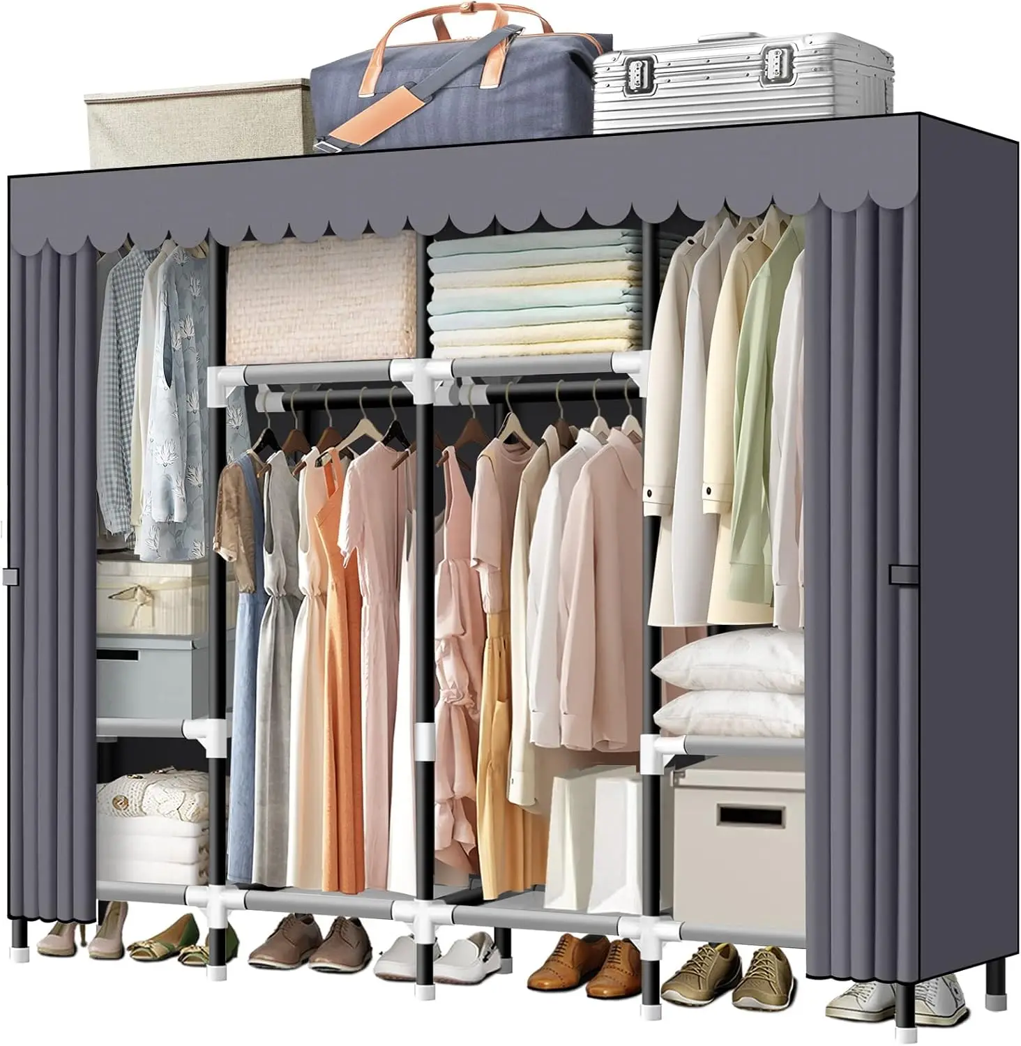 

Closet for Hanging Clothes with 4 Hanging Rods, 25mm Steel Tube Clothes Storage Organizer for Extra Sturdy,