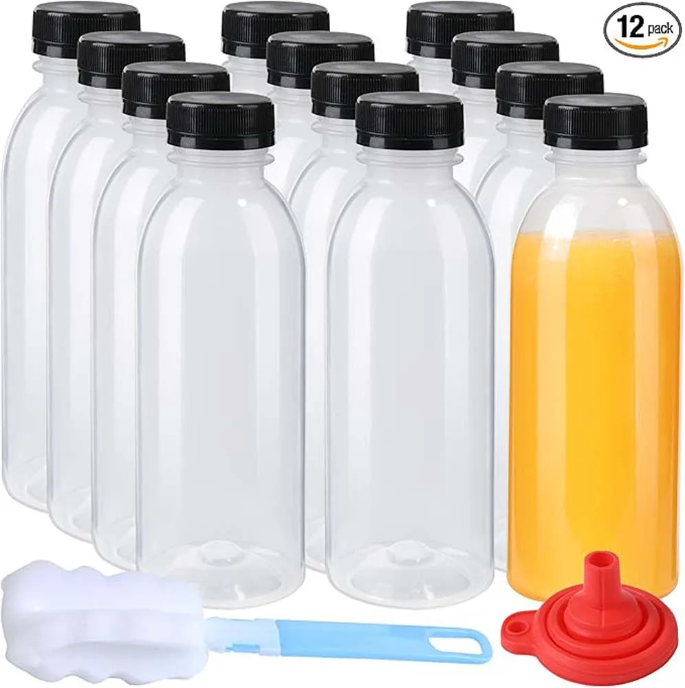 

12Pack 15Oz PP Heat-Resistant Plastic Juice Bottles with Lids-Reusable for Party,Smoothies&Drinks,Dishwasher Safe,Bulk Container