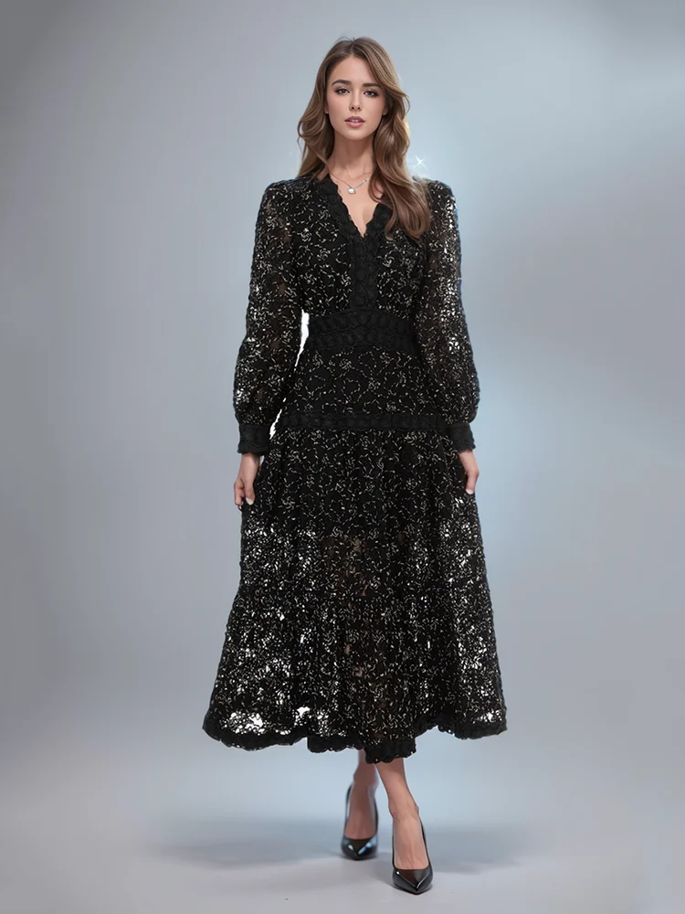 LGRQ Fashion Hollow Out Embroidery Spliced Dress Lantern Black Big Swing Dresses Women Lace Party Evening Dress Spring 2024 New