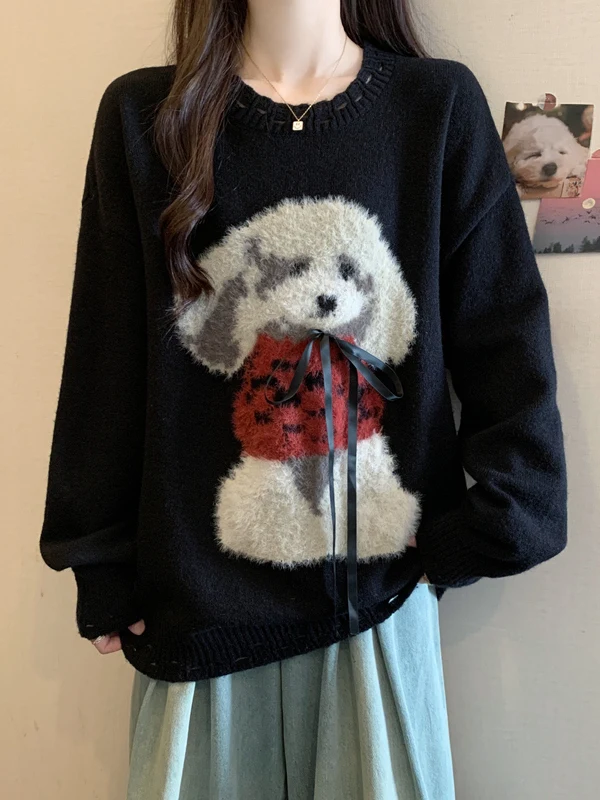

Cartoon Dog Head Knitted Sweater Women's Autumn Winter Large Size Soft Plu Mink Knitwear Casual Lazy Sle Princ Sweet S...