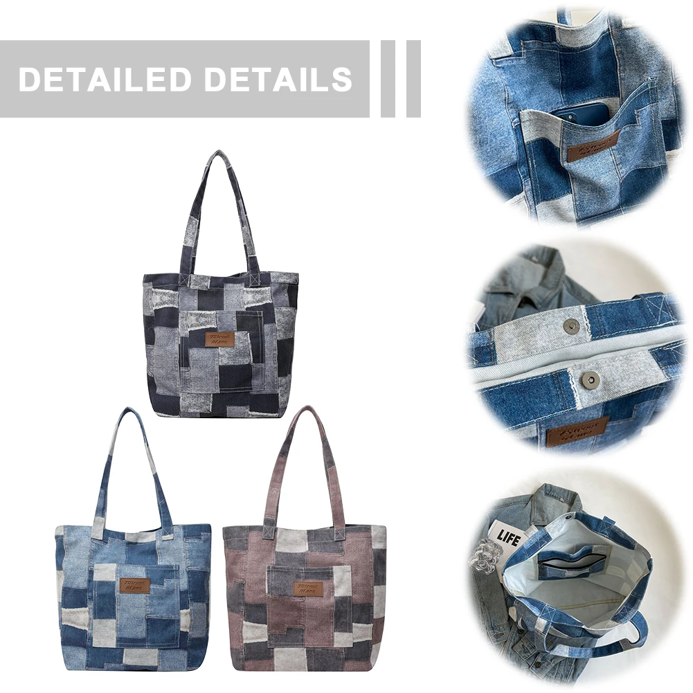 حقيبة كتف نسائية من الدنيم مع جيب داخلي وحقيبة يد كبيرة وحقيبة هوبو للعمل والتسوق والسفر