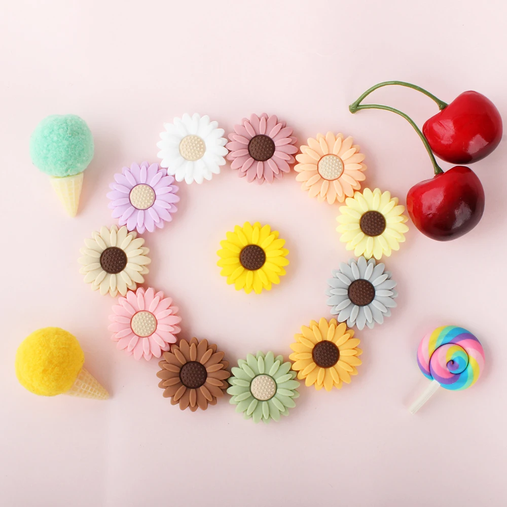 2Pcs Silicone Beads Pacifier Clips Sunflower Shape Set For Jewelry Making DIY Pacifier Chain Food Grade Toys Accessories