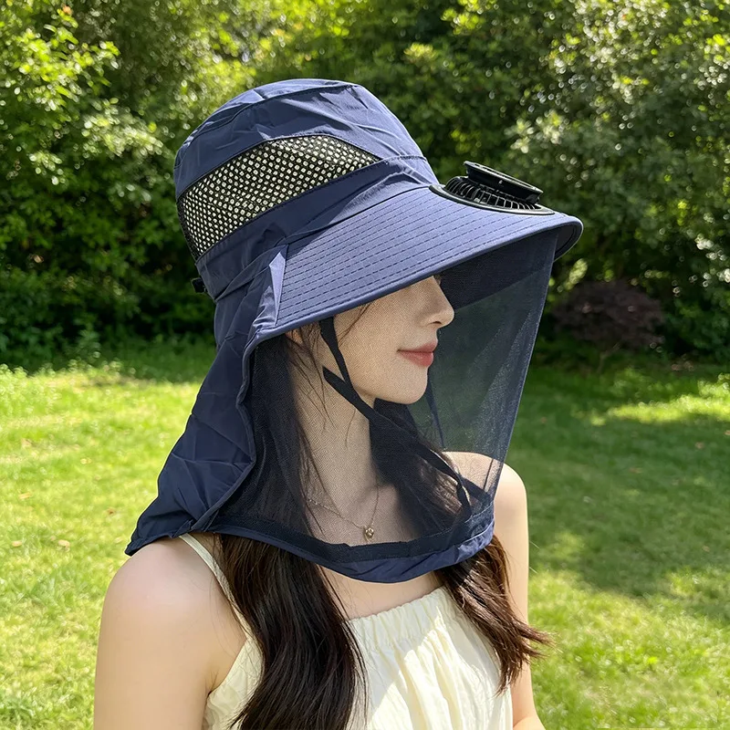 Solar Fan Sun Hat Mosquito Net Face Shield UV Protection Wide Brim Bucket Hat Cooling Outdoor Fishing Gardening Camping Cap