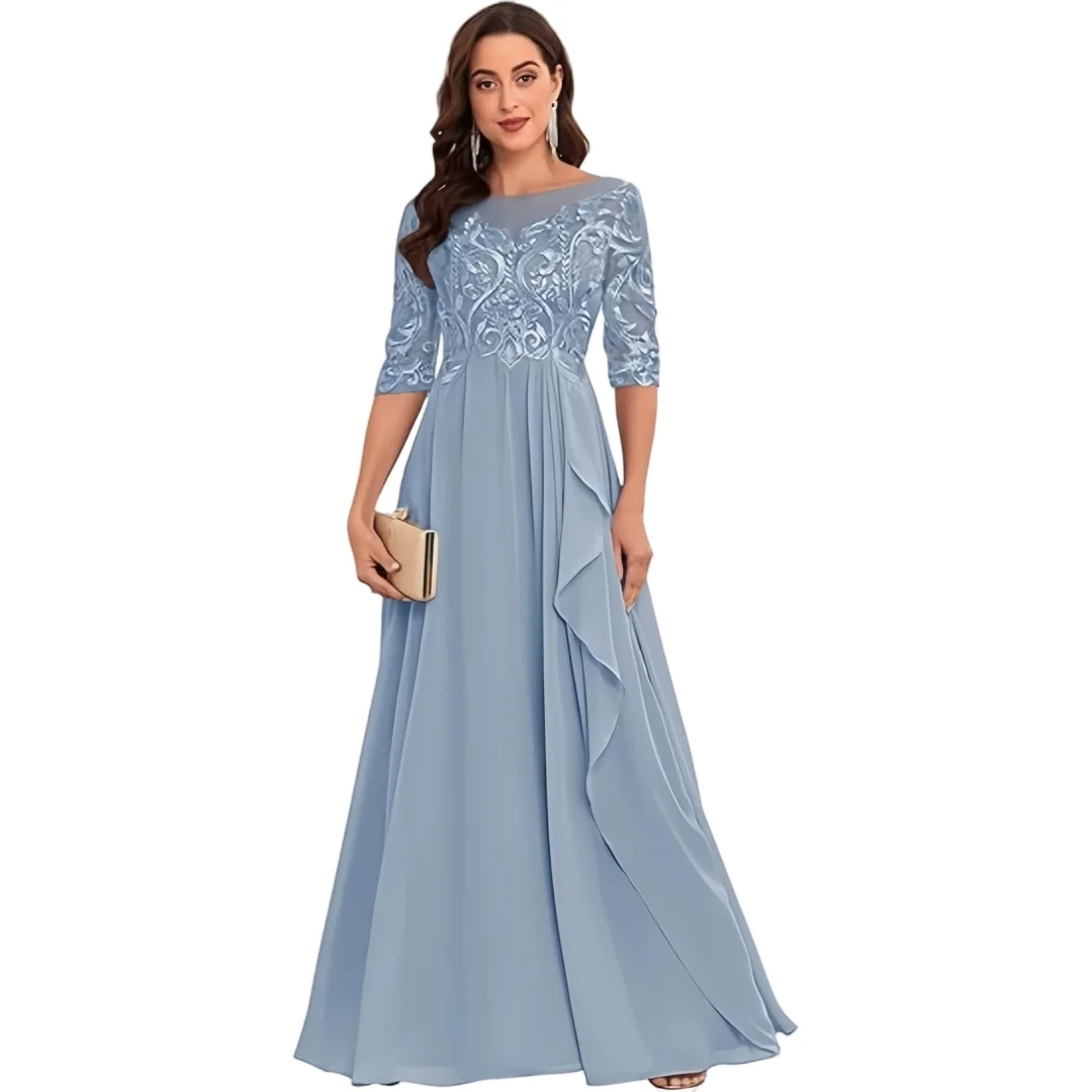 

Lace Chiffon Mother of The Bride Dresses for Wedding Long Ruffle Formal Evening Gown with Sleeves A Line Occasion Guest Dress