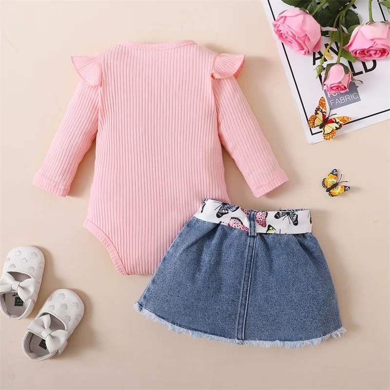 Baby Girls Outfits Round Neck Long Sleeve Letter Print Romper and Ripped Denim Belted Skirt Toddler Clothes Set Streetwear