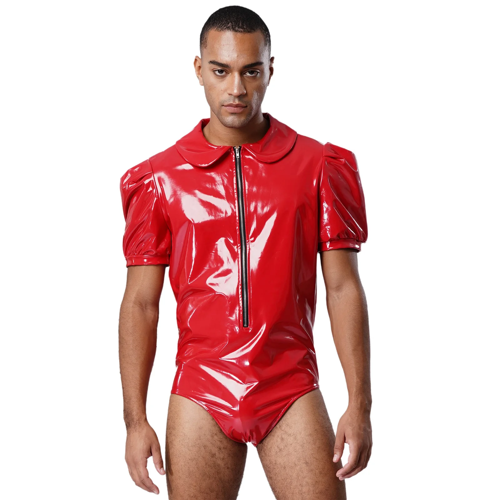 

Взрослые мужчины геи блестящий кожаный облегающий комбинезон с короткими рукавами и кружевом с рюшами в промежности боди для ночного клуба вечерние наряды для ролевых игр