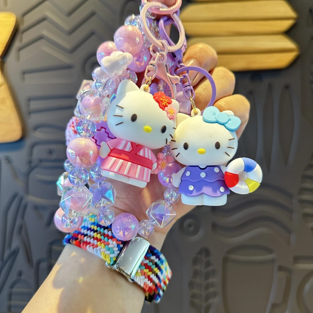 

New HelloKitty Anime Keychain, Sanlio Creative Beaded Mobile Phone Chain, Bag Pendant, Fashion Accessories, Girl Gifts