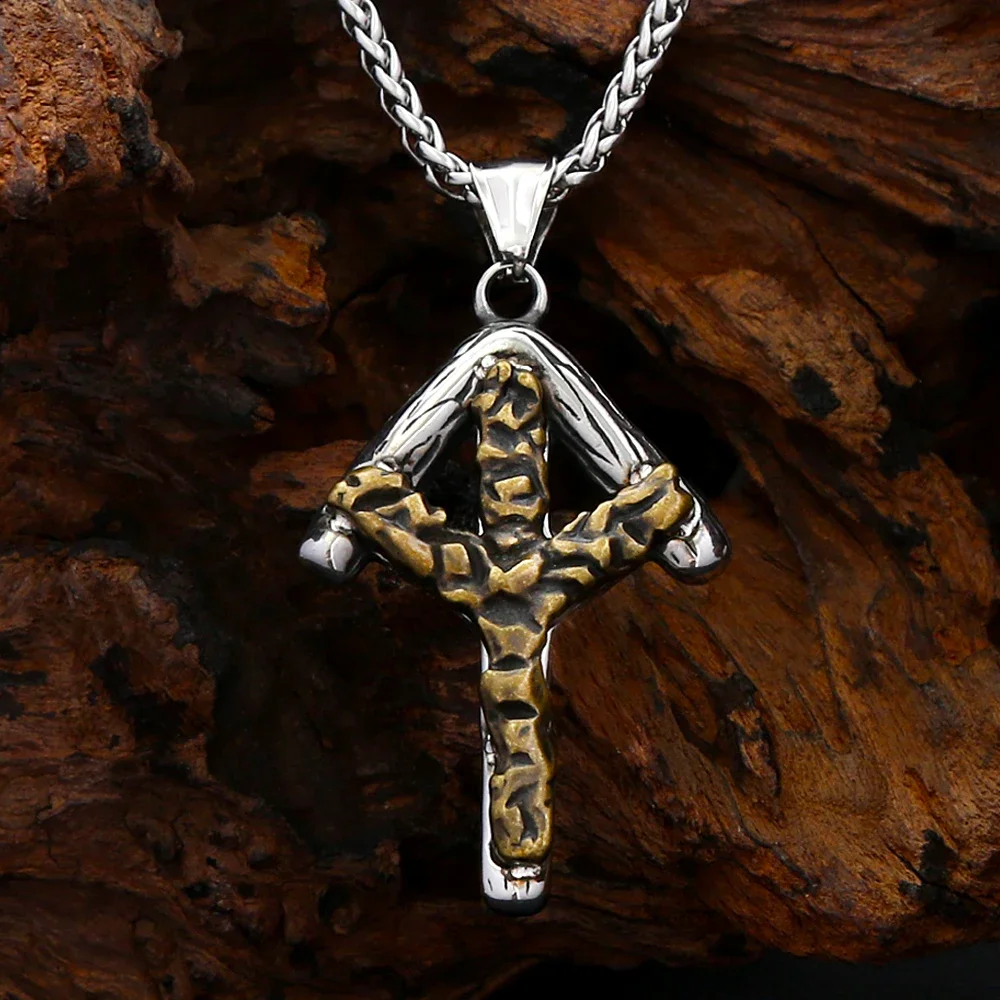 Viking Rune Stainless Steel Pendant Necklace Two Tone Algiz Rune Symbol Unisex Norse Mythology Talisman Fashion Jewelry Gifts