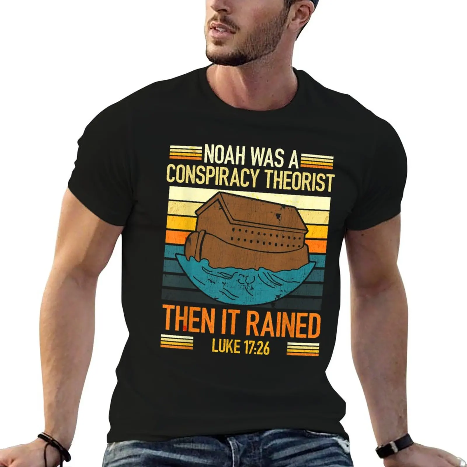 Vintage Retro-Noah Was A Conspiracy Theorist Then It Rained T-Shirt Classic Graphic Short Sleeve Top