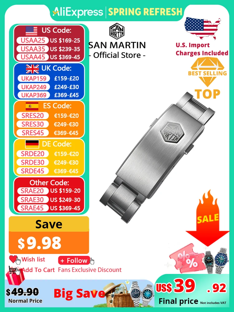 

San Martin New Fly Adjustable Clasp Watch Parts Bracelet Clasp For 16mm Specified Model Buckle Folding Clasp Non-universal