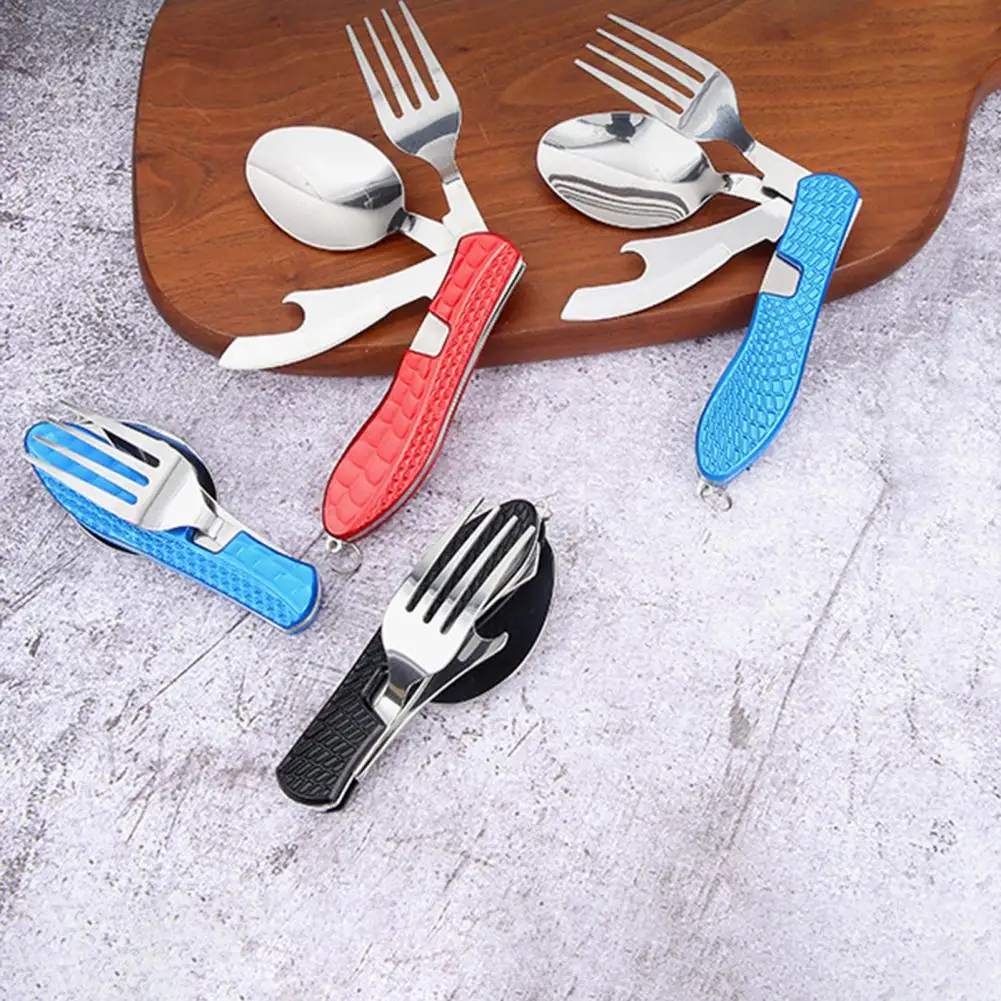 Portable Outdoor Tableware 4-In-1 Foldable Cutlery Camping Utensils Stainless Steel Spoon Fork Knife Bottle Opener Combo Set