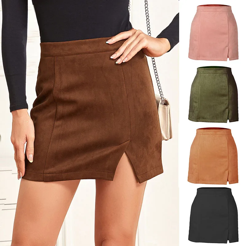 Sexy Women Skirts High Waist Winter Mini Skirts for Women Vintage Suede Slit Skirts Female Short Skirts Dress Women Clothing New