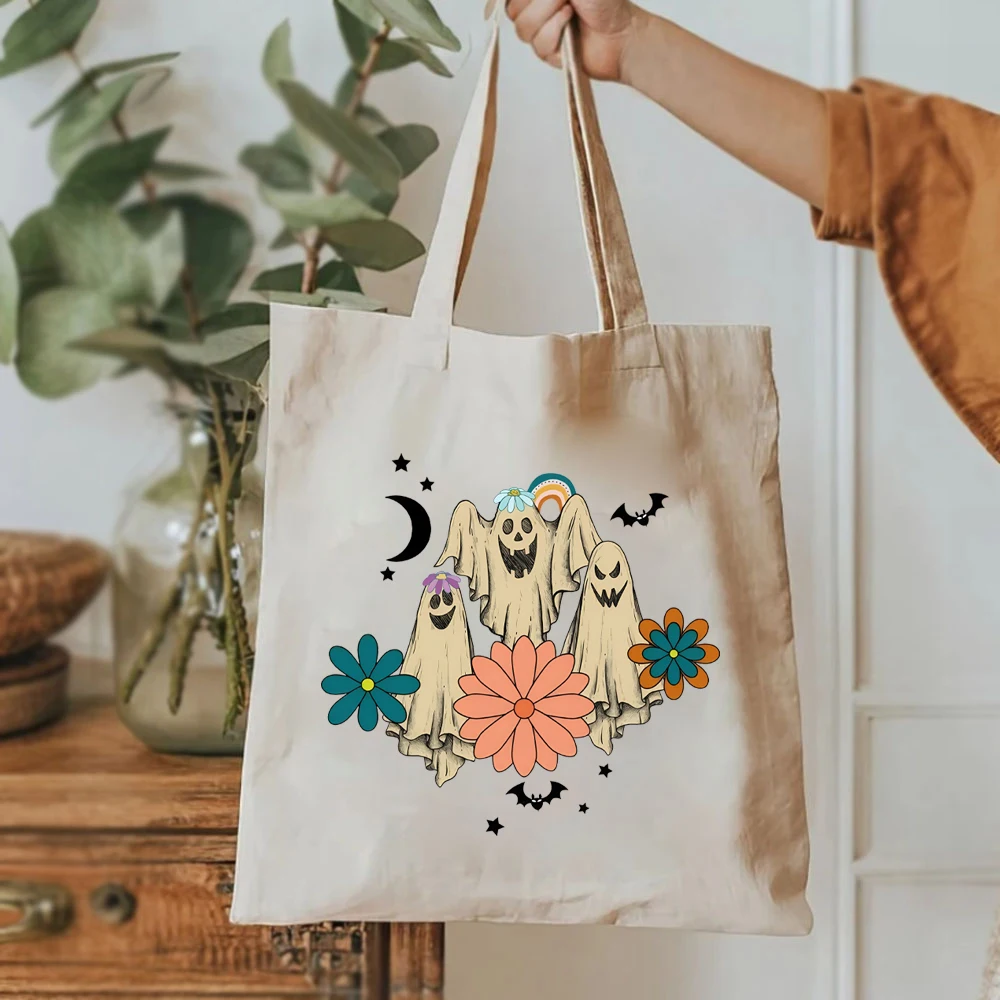 Retro Floral Ghost Halloween Tote Bags Spooky Season Tote Bag Halloween Party Tote Bag Pumpkin Handbags Halloween Women Fall Bag