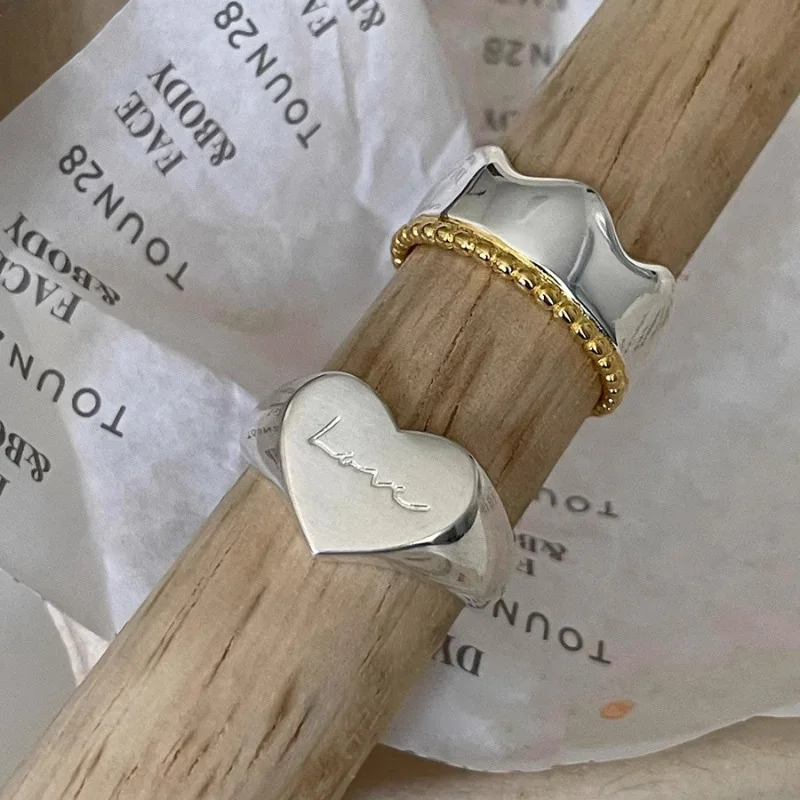 Foxanry Silver Color Love Heart Geometric Letter Rings For Women Couples Fashion Simple Classic Birthday Party Jewelry Gifts