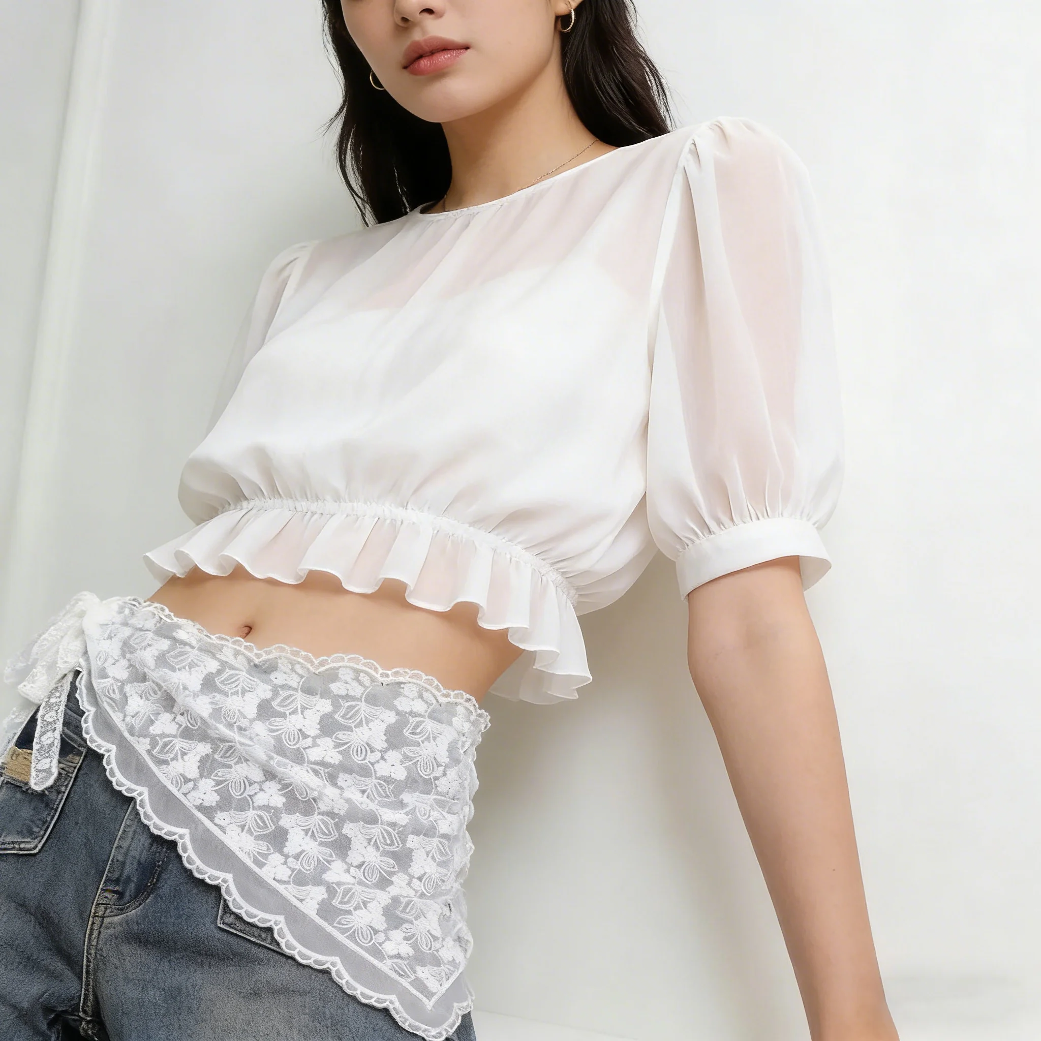

Spring Summer Sweet Floral Bowknot Women's Half Skirts Fart Curtain Lady Lace Triangular Scarf Short Skirt Lace Trim Small Apron