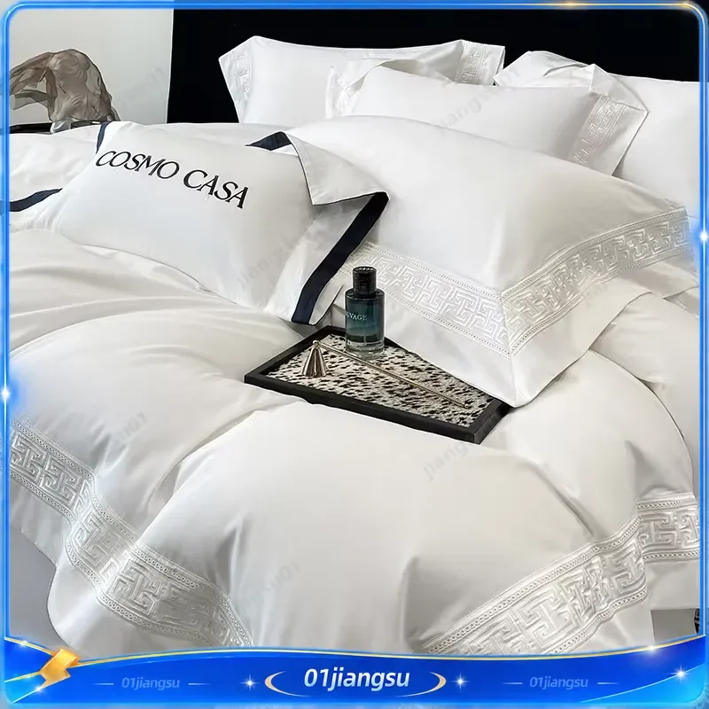 600TC Egyptian Cotton Bedding Set White Luxury Hotel Style Embroidered Duvet Cover Flat Fitted Sheet Pillowcases 4 Piece