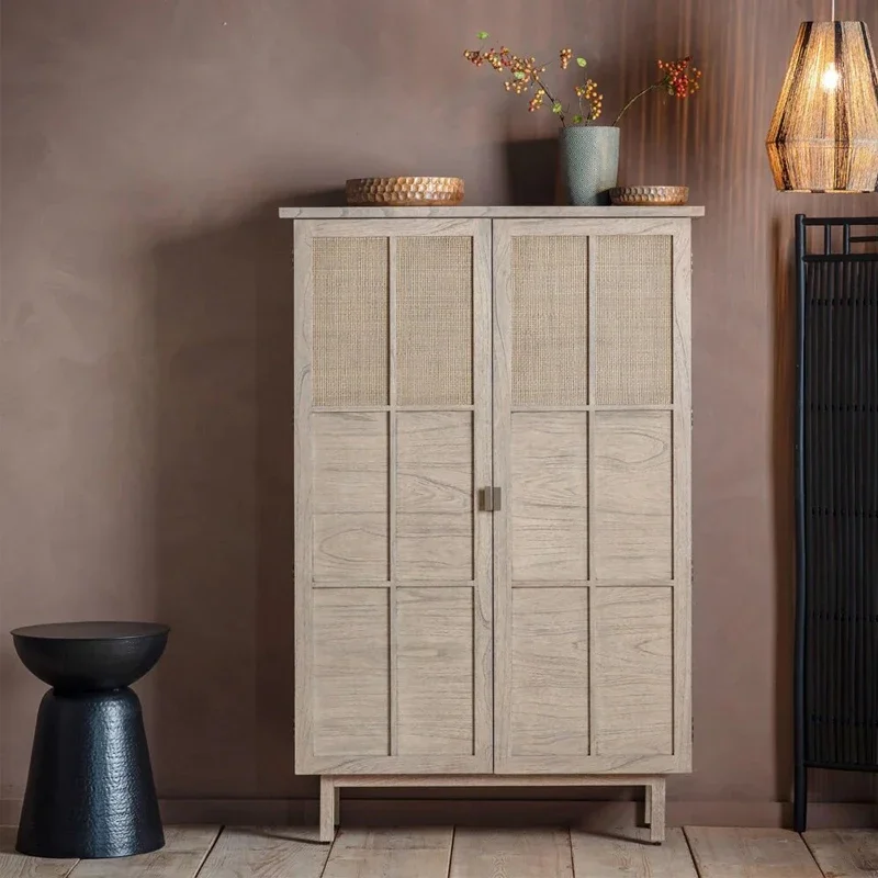N American country style solid wood woven rattan side cabinet TV cabinet living room storage porch kitchen wall cabinet