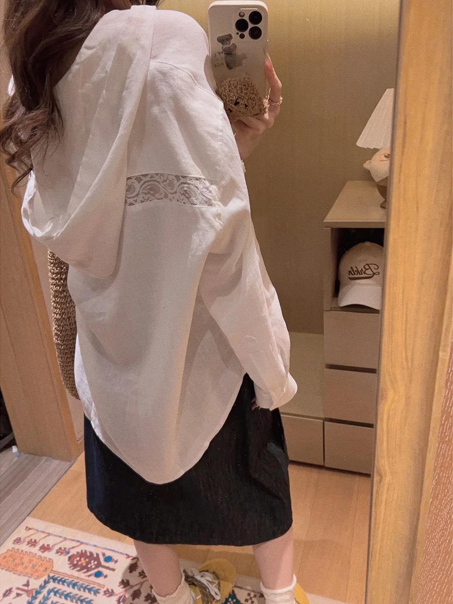 

Yukiss Lace Patchwork Hat Cotton Linen Shirt Loose Comfortable Cool Design Women's Long Sleeve Floral Print Blouse Spring Season