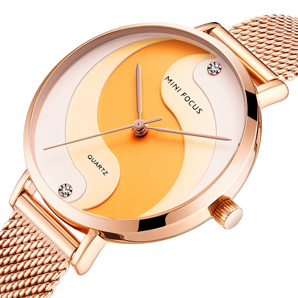 MINI FOCUS Women's Classic Milanese Watch, Japanese Quartz Movement, Minimalist Crystal Face, Stainless Steel Mesh Bracelet